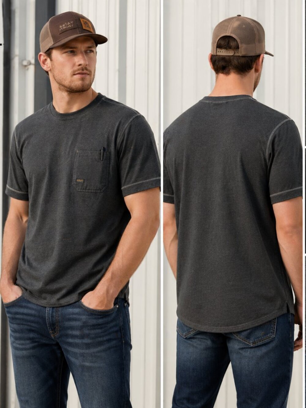Ariat Rebar Workman T Shirt Mens L Gray Pocket Tee Pen Slot Heavy Duty Work